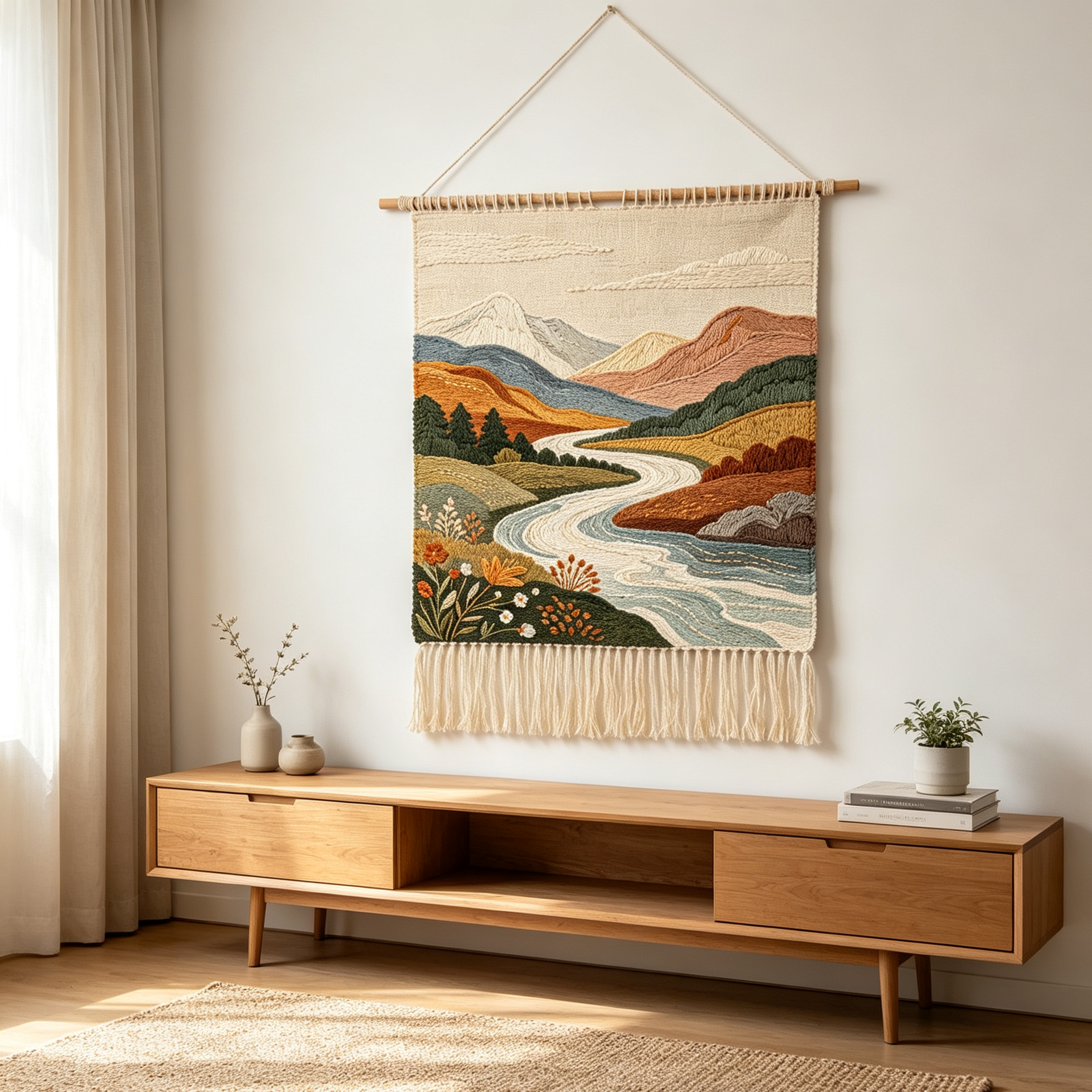 Vintage Mountain River Scenery Woven Wall Tapestry