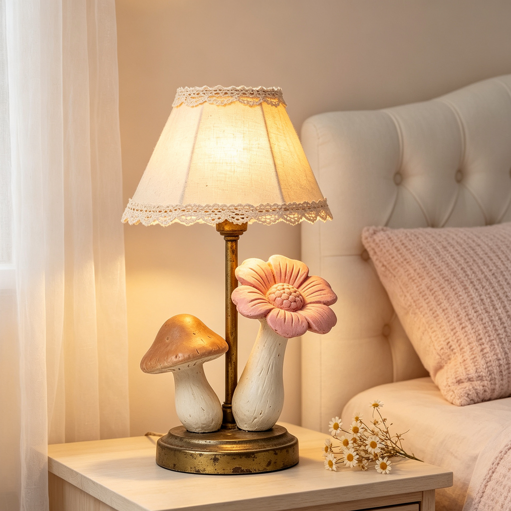 Vintage Mushroom Pink Flower Table Lamp with Lace Shade