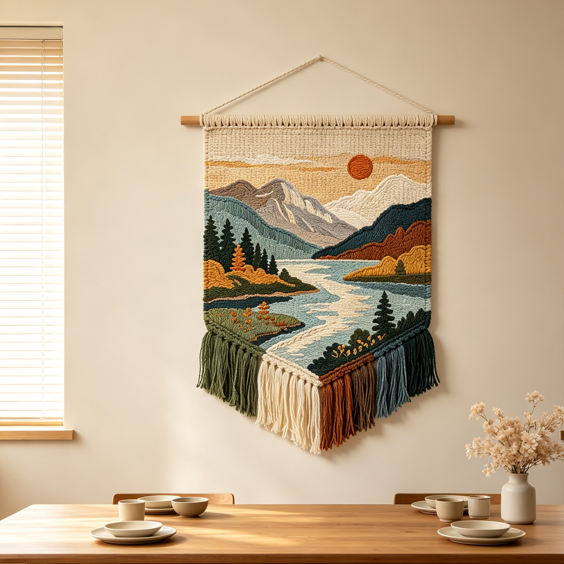 Sunset Mountain Lake Woven Tapestry with Colorful Fringe