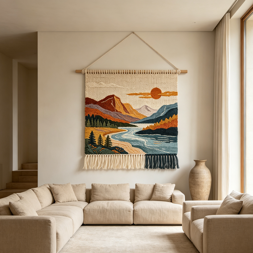 Warm Tone Sunset Mountain River Woven Wall Tapestry