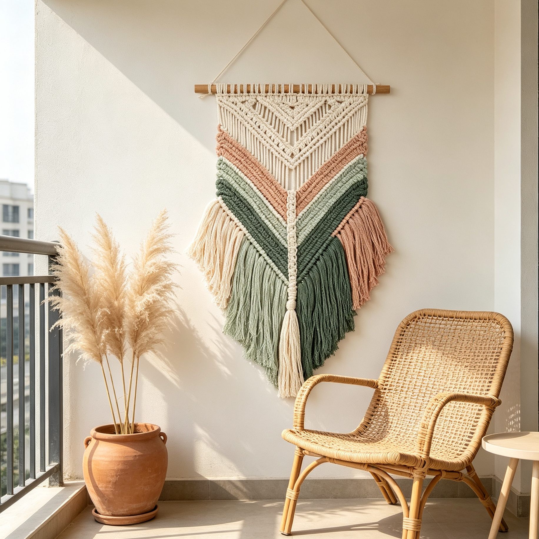 Multi-Tone Chevron Macrame Tapestry with Tassels