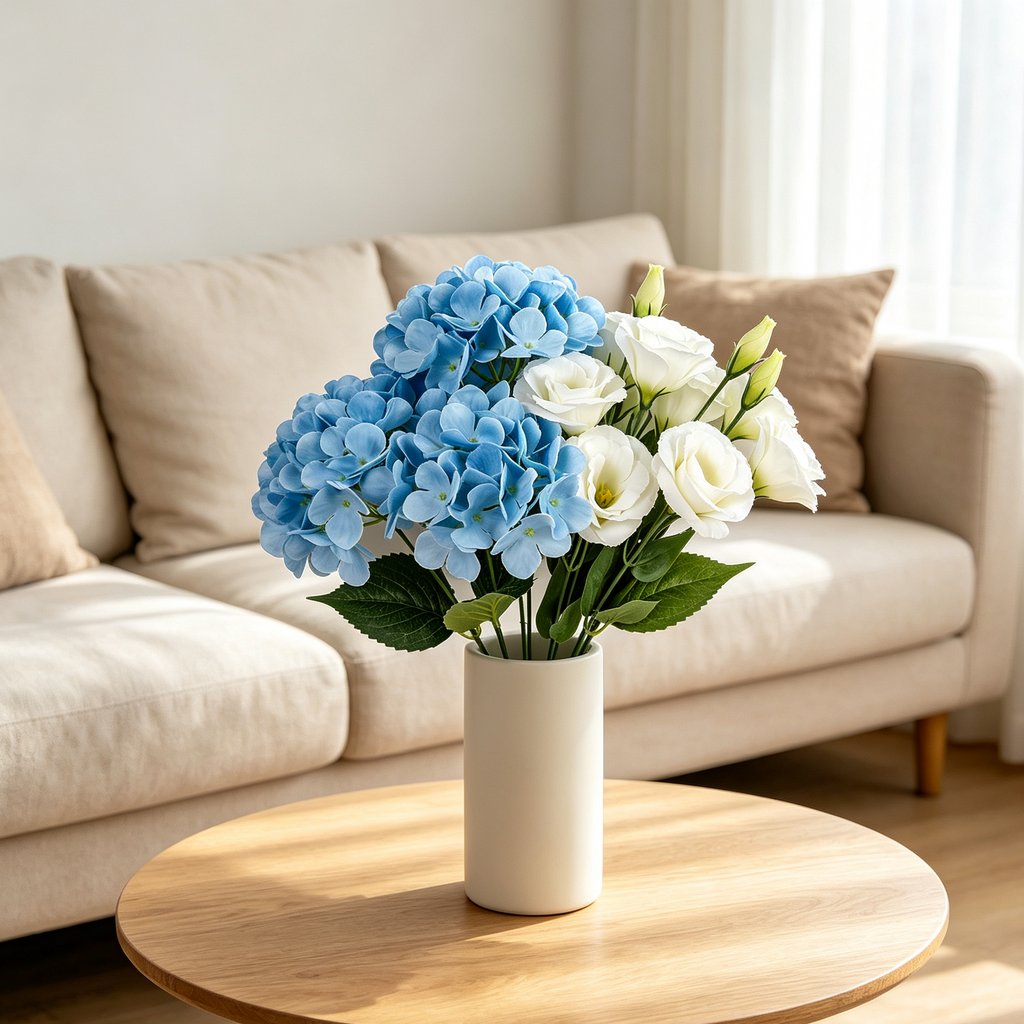 Faux Light Blue Hydrangea with White Lisianthus Bunch