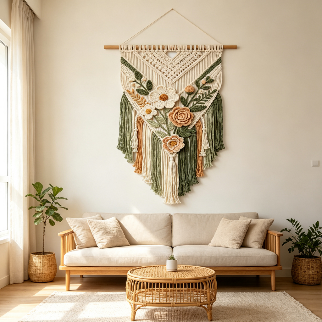 Earth Tone Crochet Flower Macrame Wall Hanging