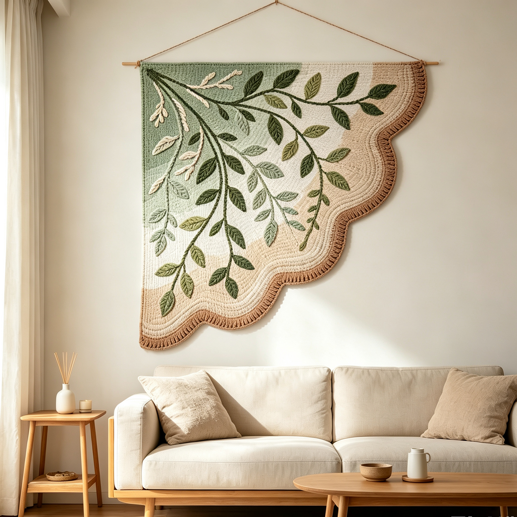 Ombre Green Leaf Embroidery Woven Tapestry