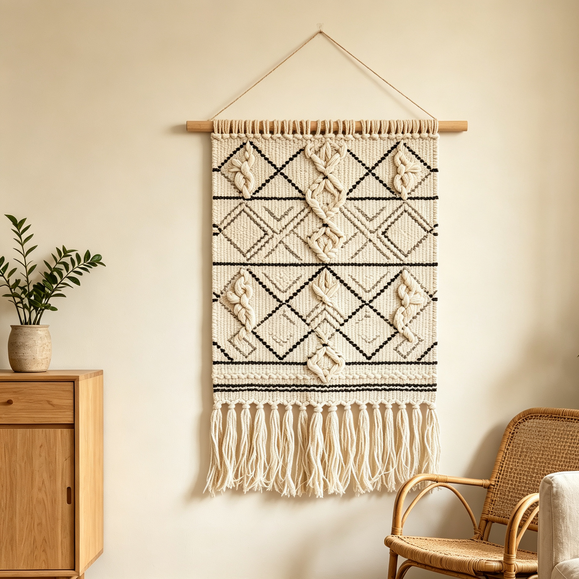 Two-Tier Green V Shape Macrame Tapestry