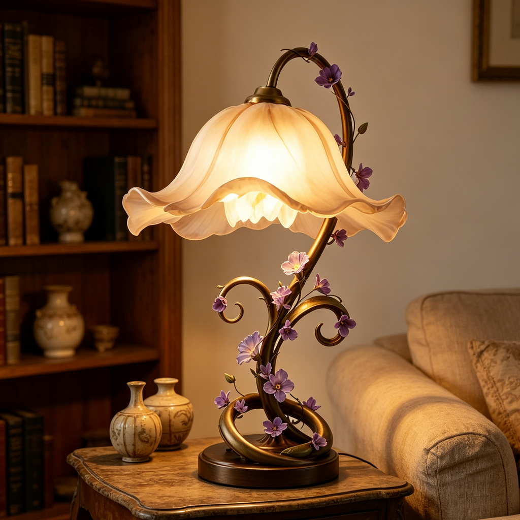Antique Curly Vine Purple Flower Table Lamp