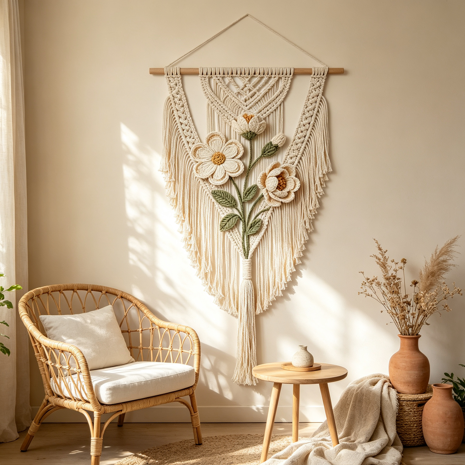 Simple Crochet Flower Macrame Wall Tapestry