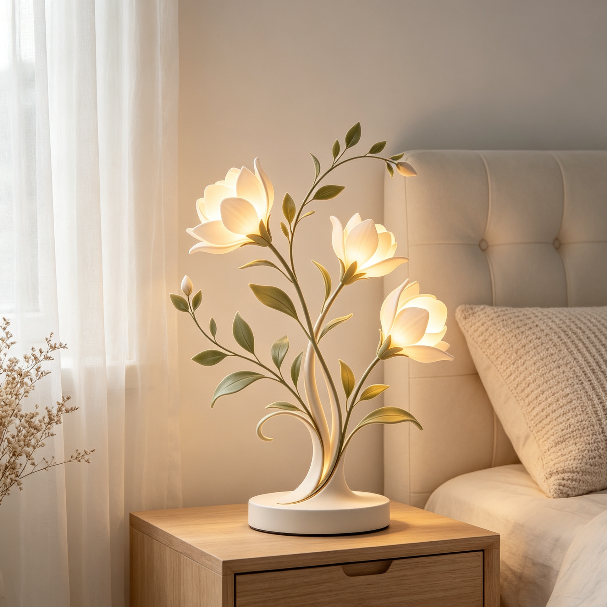 3-Headed White Magnolia Branch Table Lamp