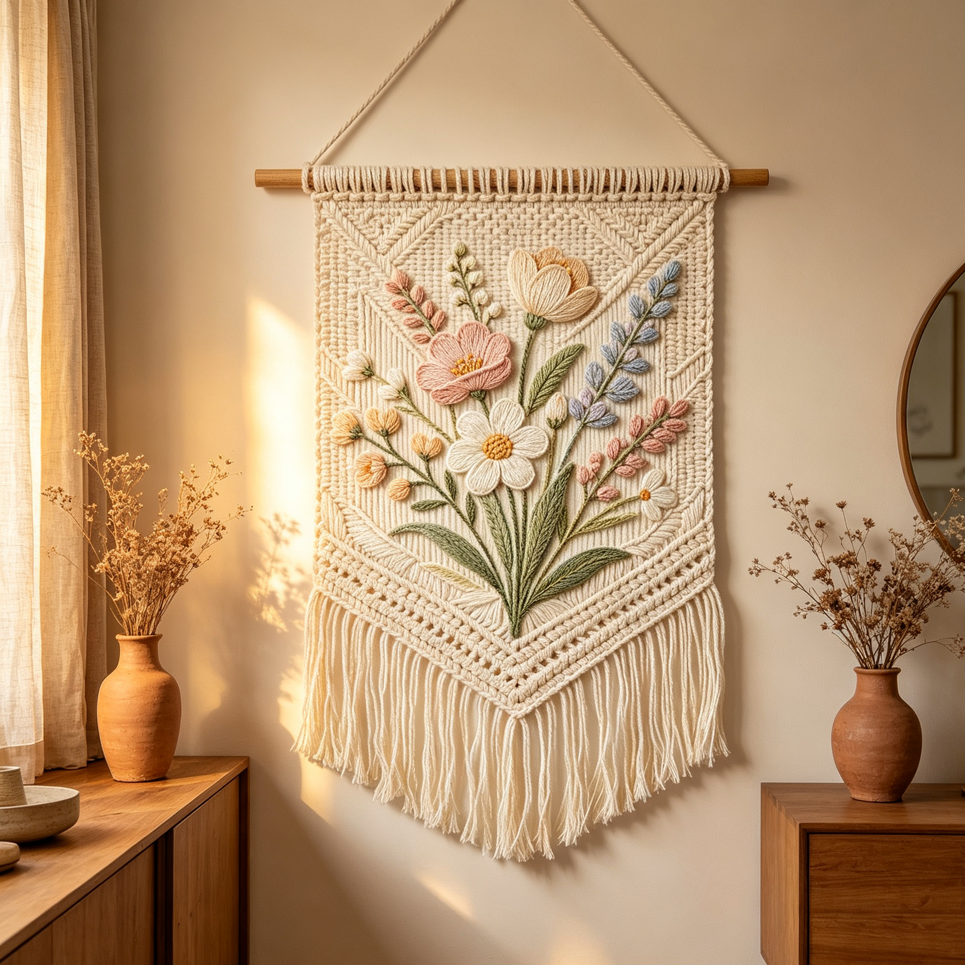Soft Pastel Wildflower Bouquet Macrame Wall Tapestry