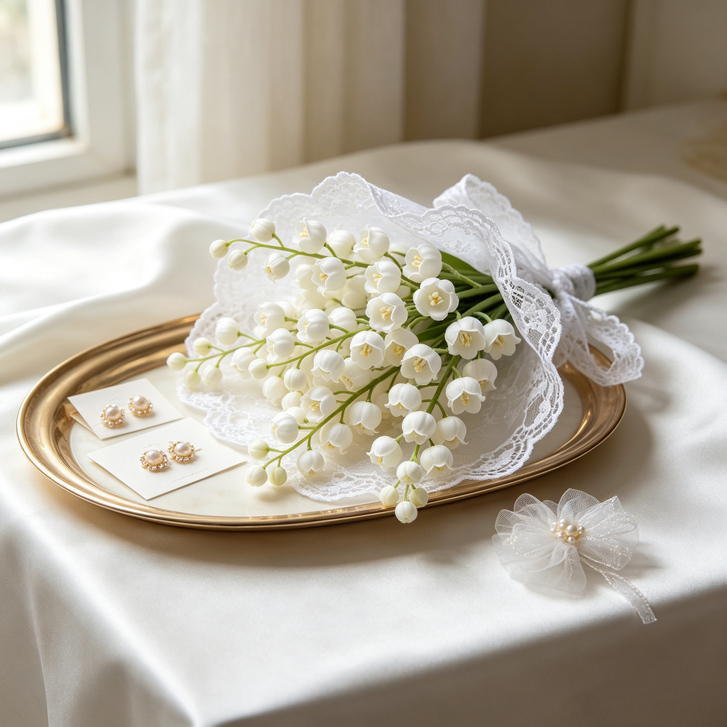 Artificial Lily of the Valley Bouquet with Lace Ribbon