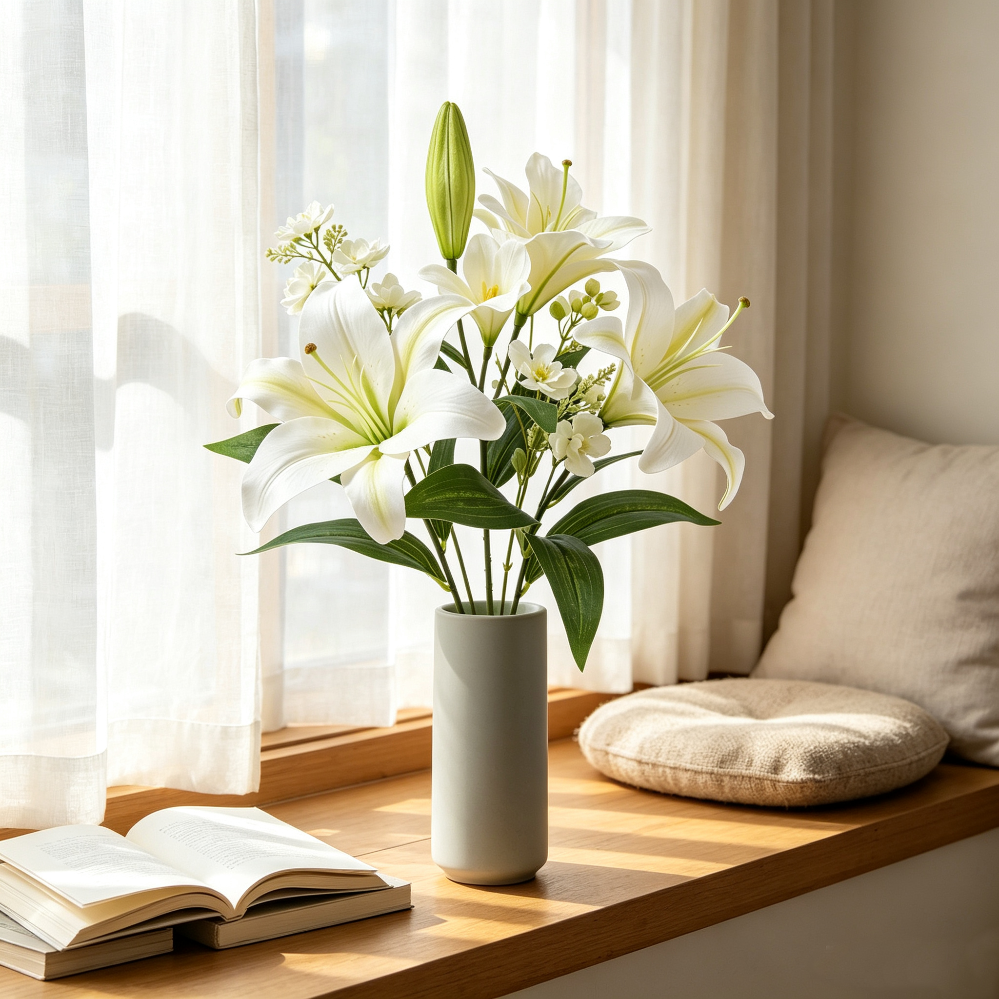 Faux White Lily Flower Stem with Filler Blooms
