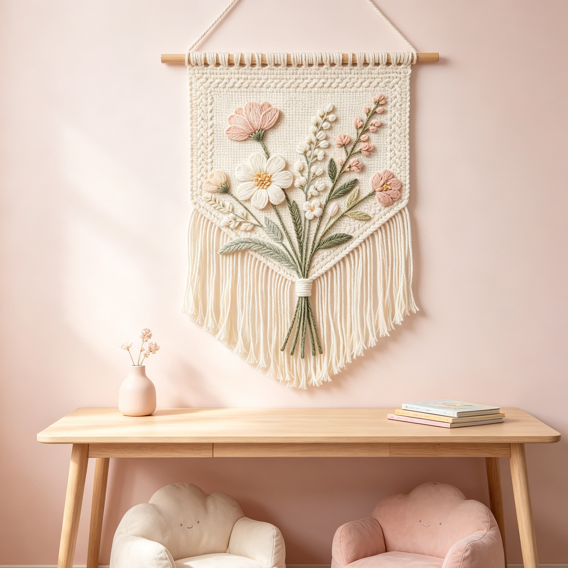 Multi-Tone Wildflower Embroidered Macrame Wall Tapestry
