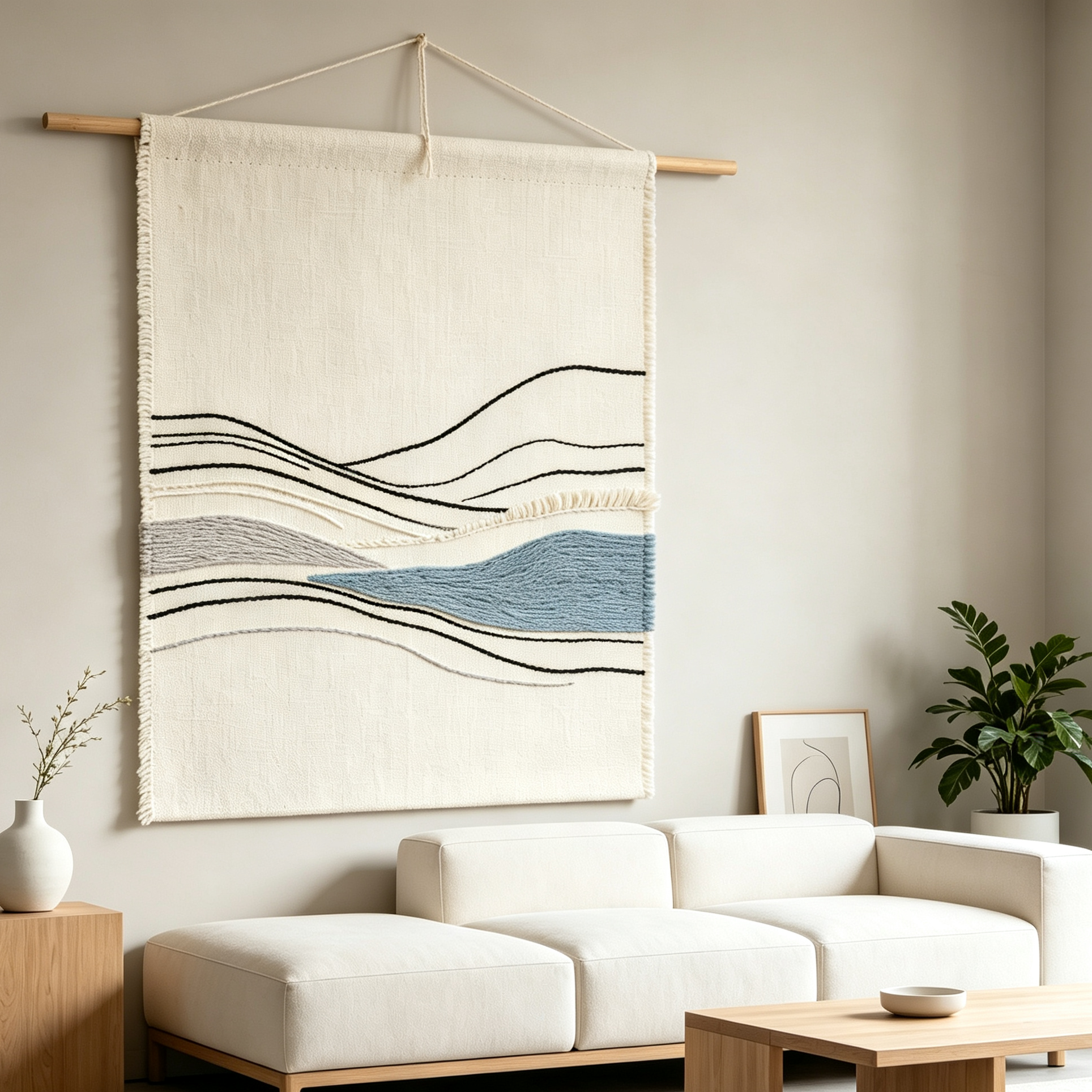 Minimal Blue Abstract Mountain Line Tapestry