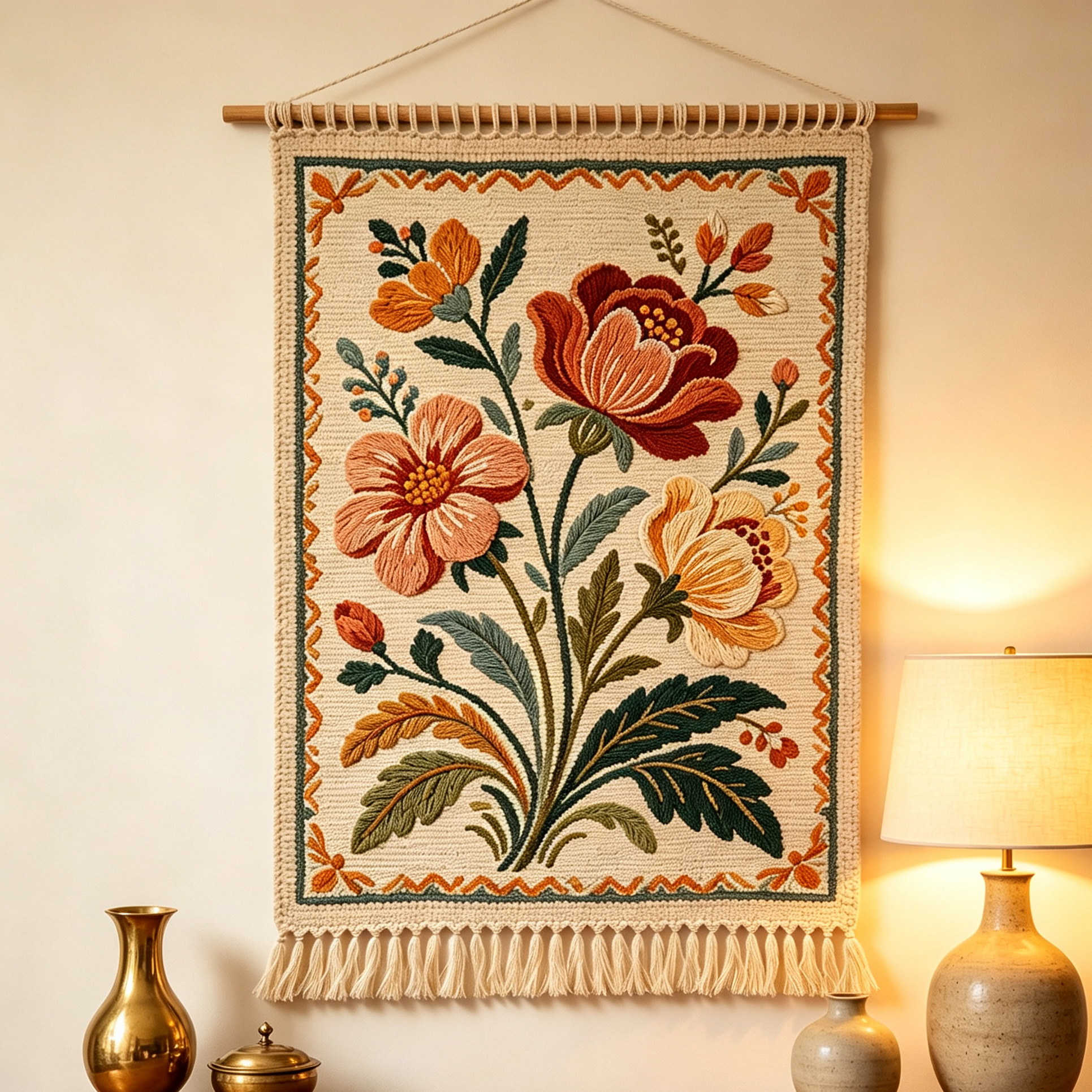Retro Peony Botanical Embroidered Woven Tapestry