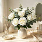 Artificial White Rose Bouquet with Eucalyptus Leaves