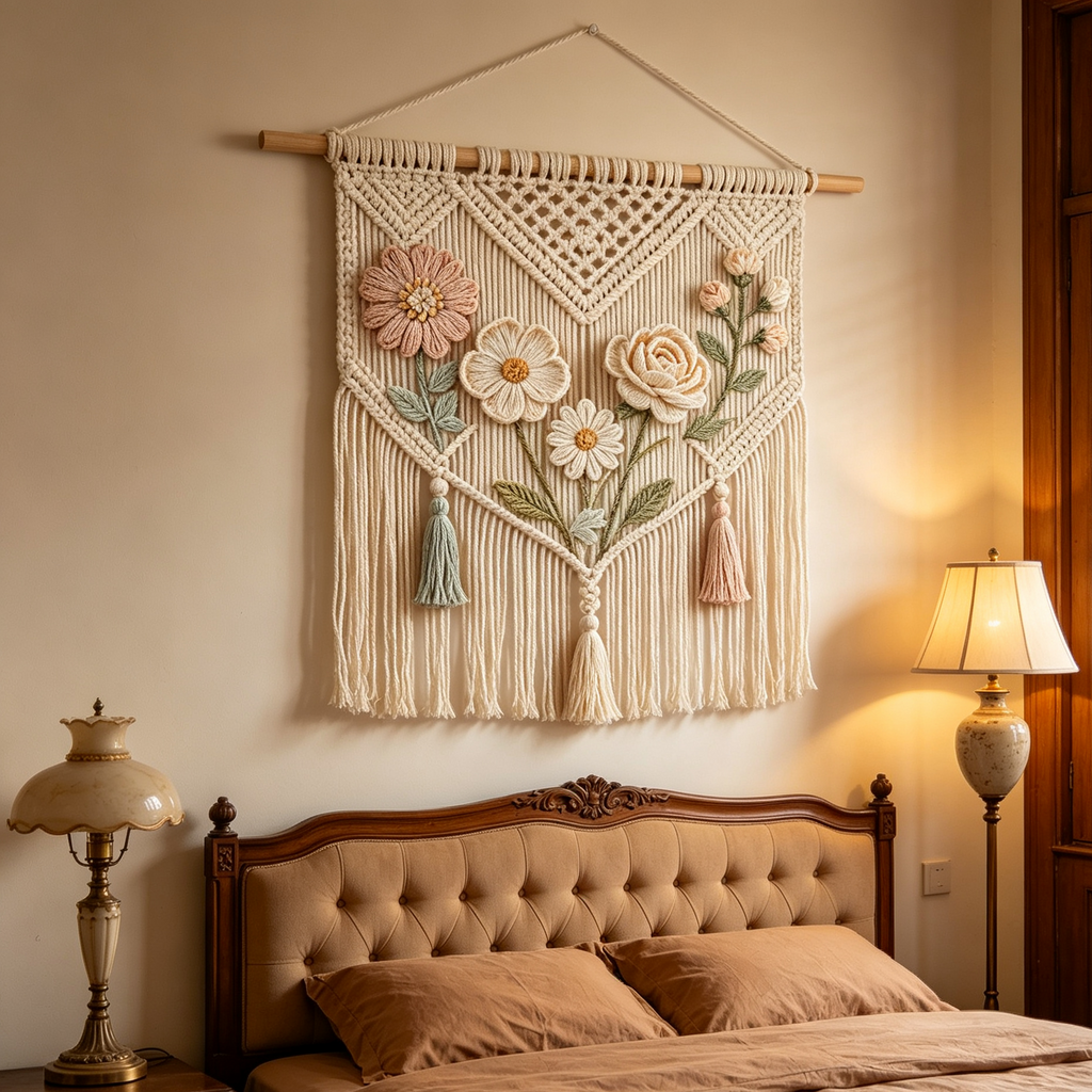 3D Pastel Flower Macrame Wall Tapestry