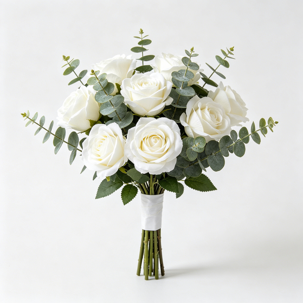 Artificial White Rose Bouquet with Eucalyptus Leaves