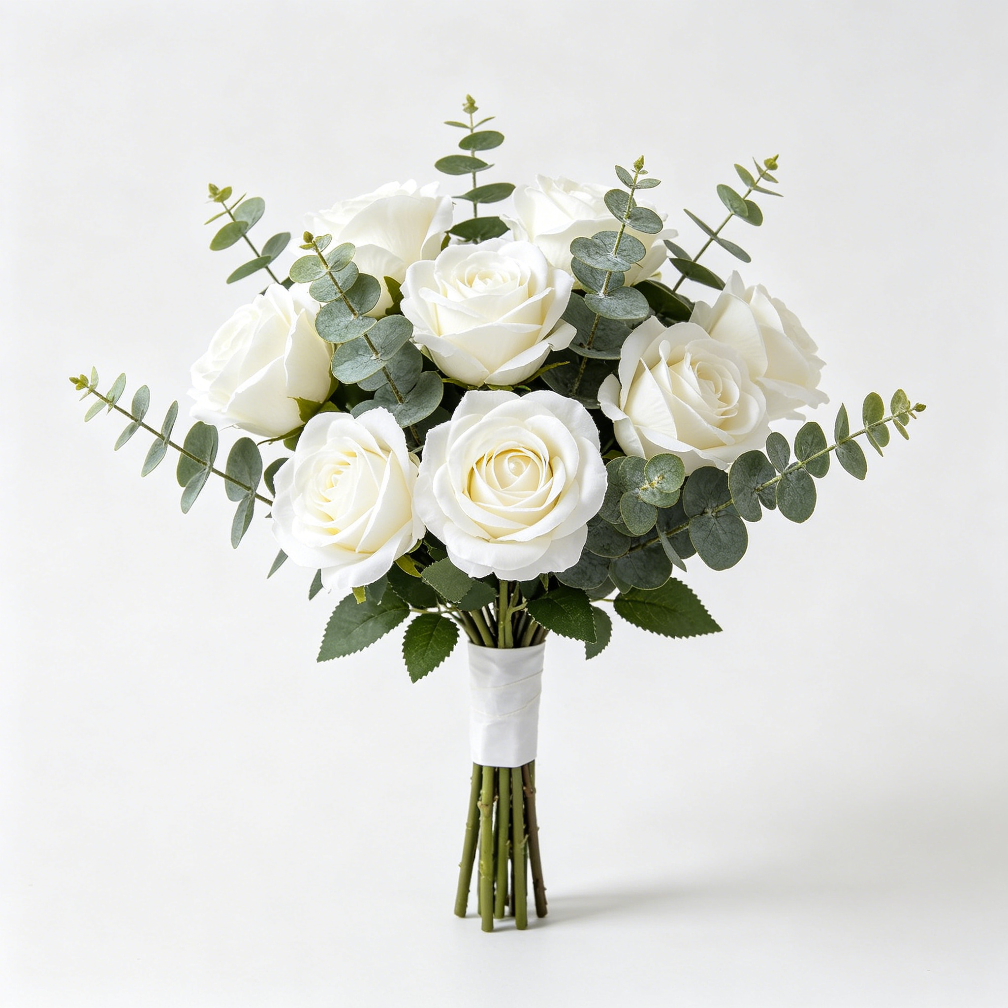 Artificial White Rose Bouquet with Eucalyptus Leaves
