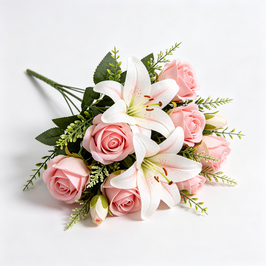Faux Pink Lily & Rose Artificial Flower Bunch
