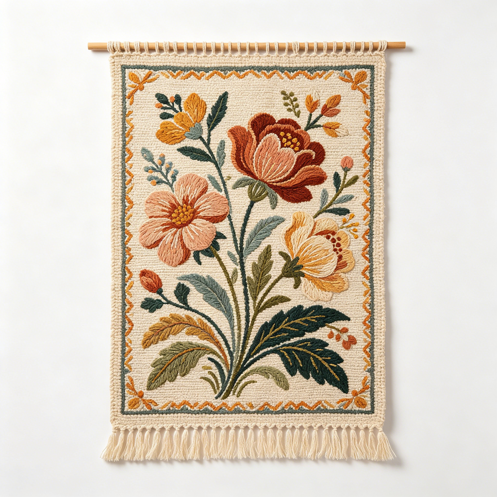 Retro Peony Botanical Embroidered Woven Tapestry