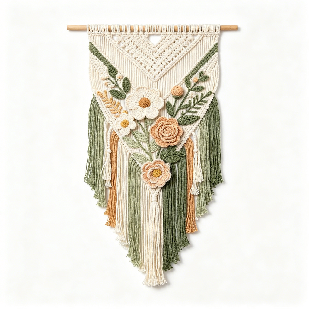 Earth Tone Crochet Flower Macrame Wall Hanging