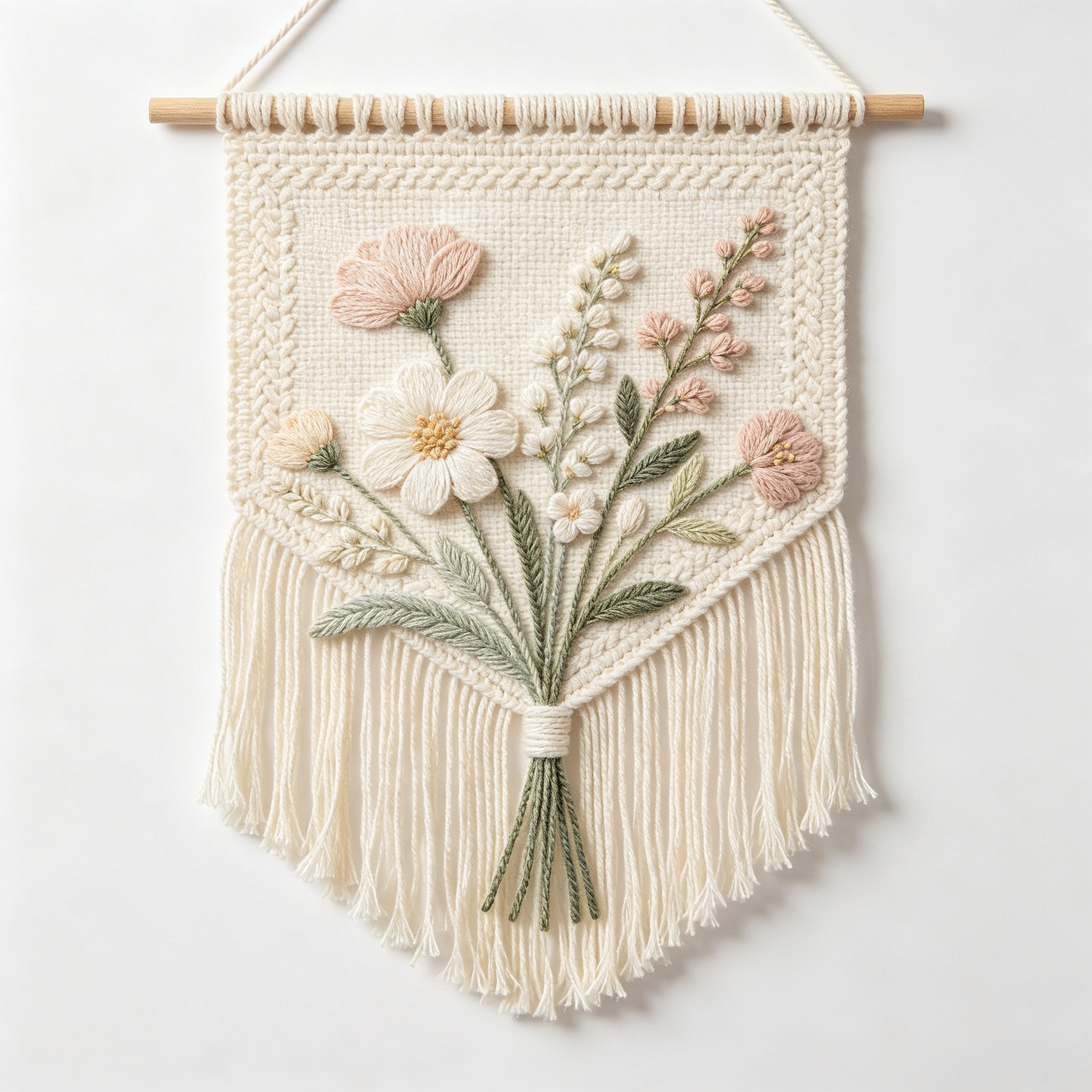 Multi-Tone Wildflower Embroidered Macrame Wall Tapestry