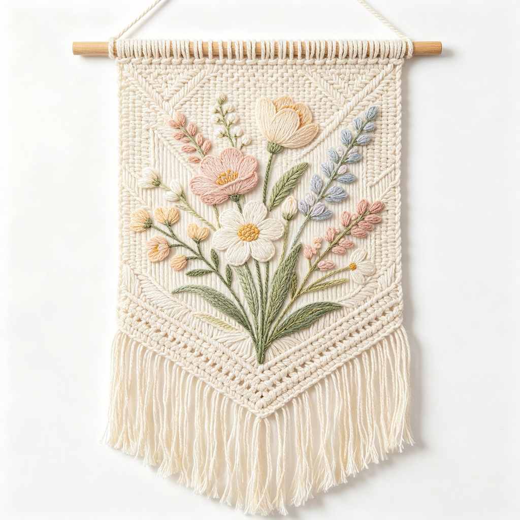Soft Pastel Wildflower Bouquet Macrame Wall Tapestry