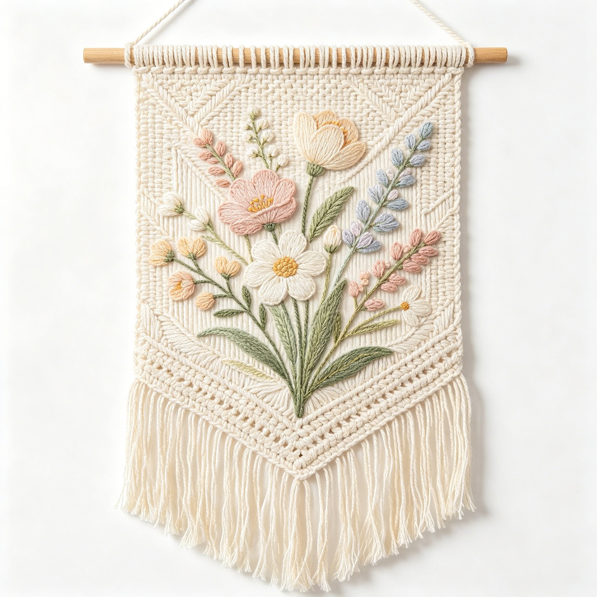 Soft Pastel Wildflower Bouquet Macrame Wall Tapestry