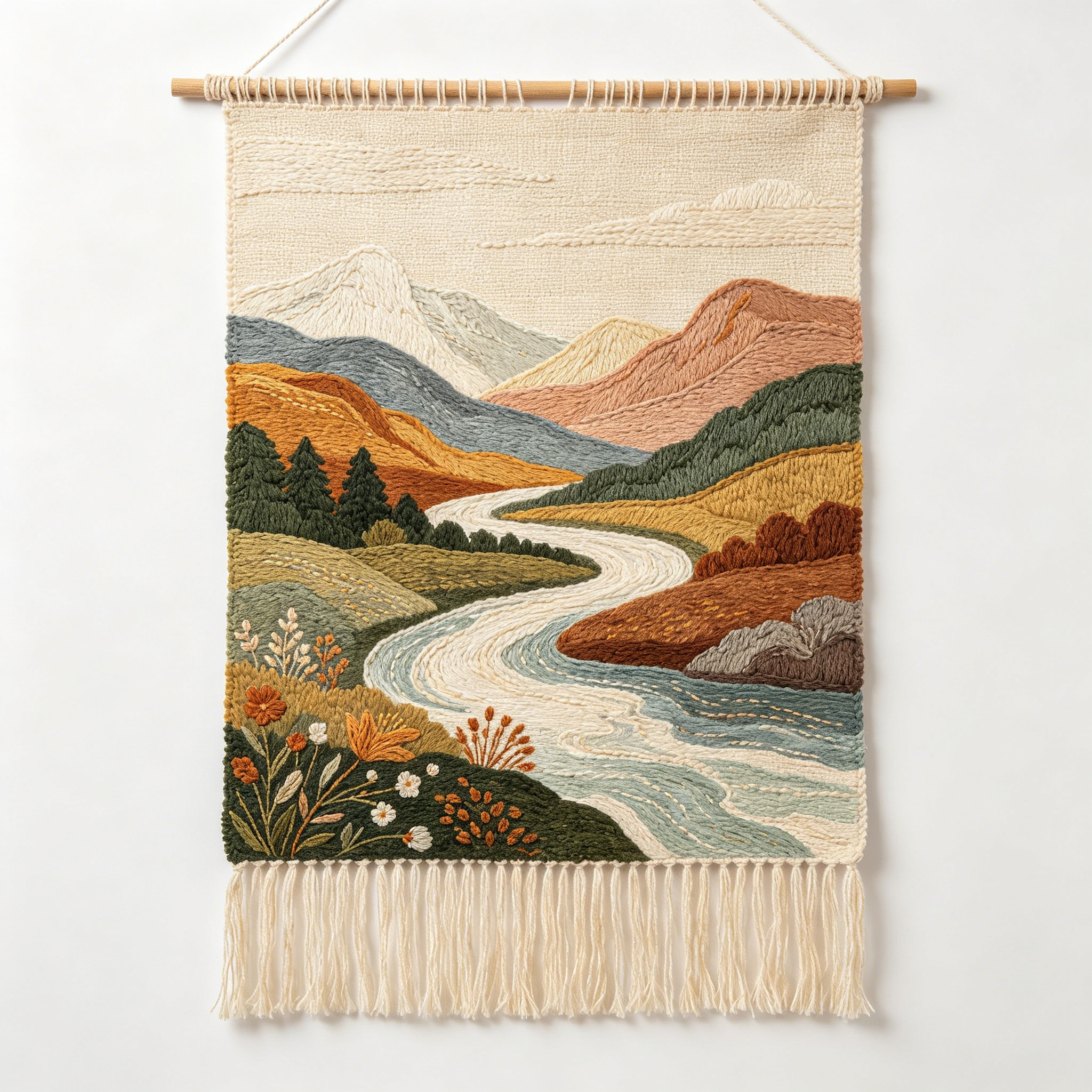 Vintage Mountain River Scenery Woven Wall Tapestry