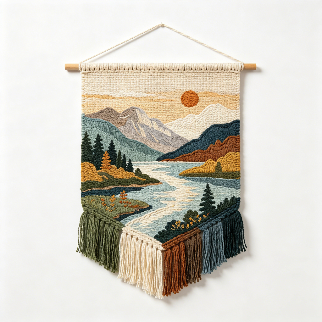 Sunset Mountain Lake Woven Tapestry with Colorful Fringe