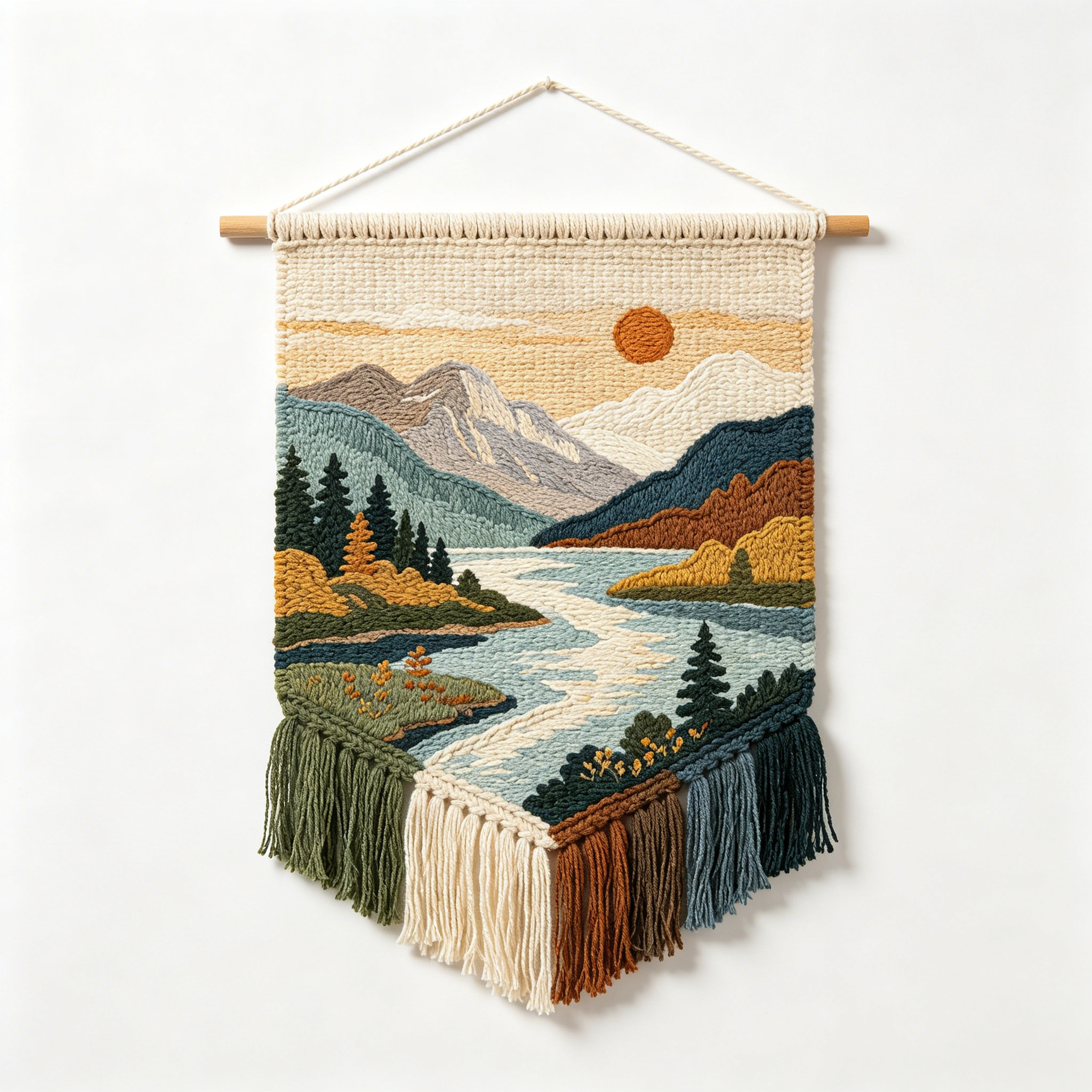 Sunset Mountain Lake Woven Tapestry with Colorful Fringe