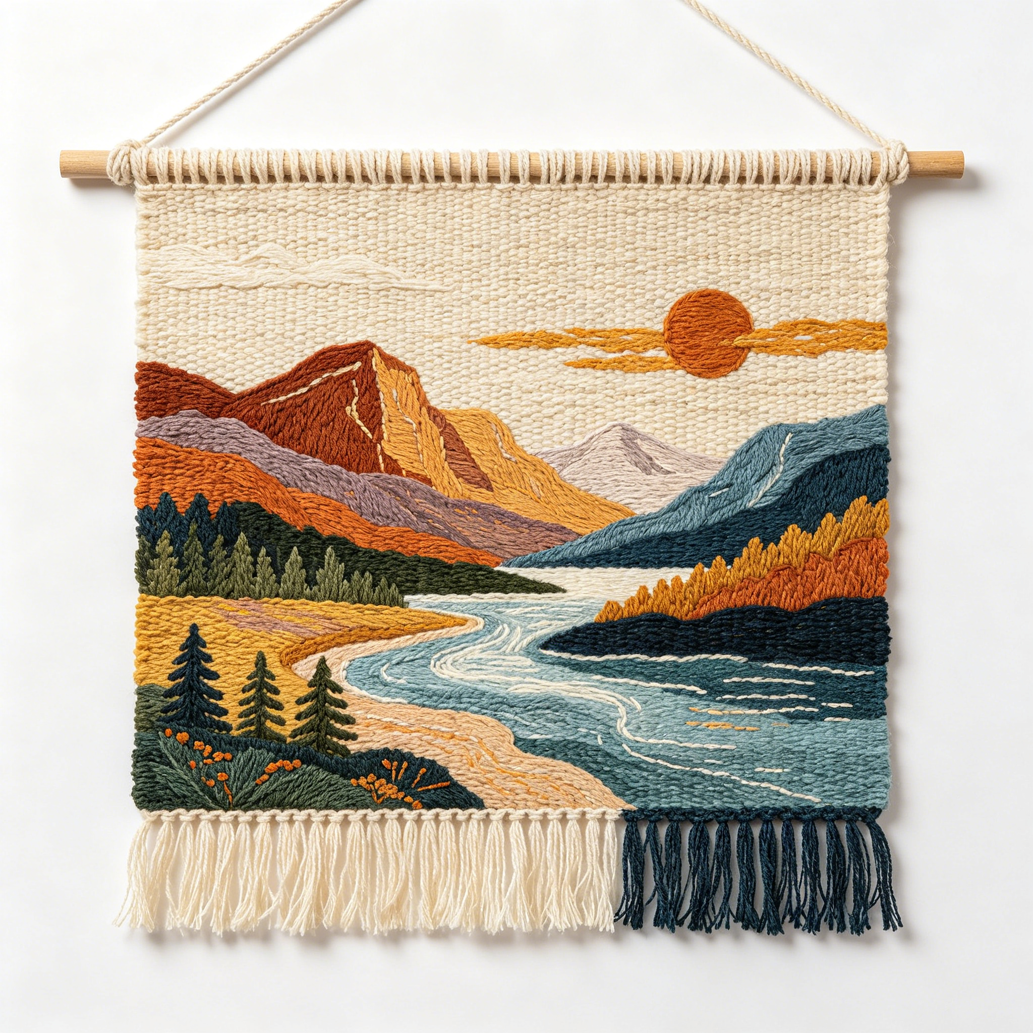 Warm Tone Sunset Mountain River Woven Wall Tapestry