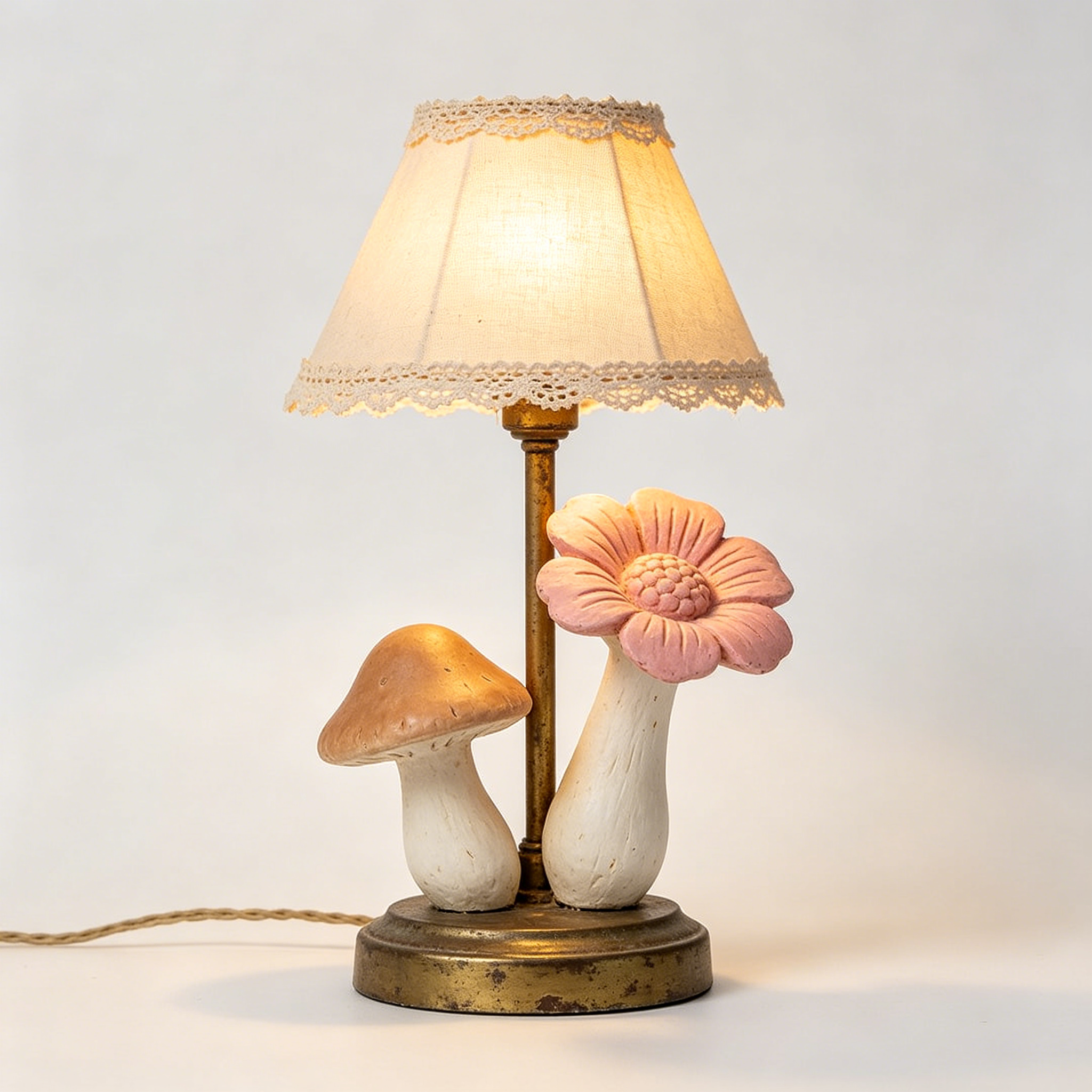 Vintage Mushroom Pink Flower Table Lamp with Lace Shade
