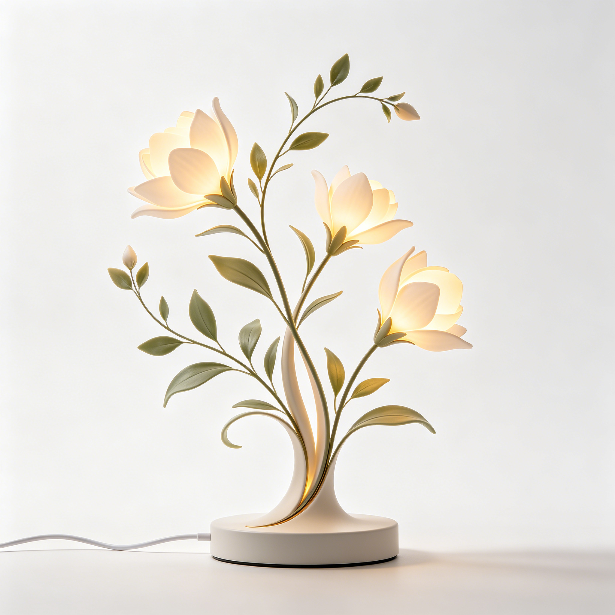 3-Headed White Magnolia Branch Table Lamp